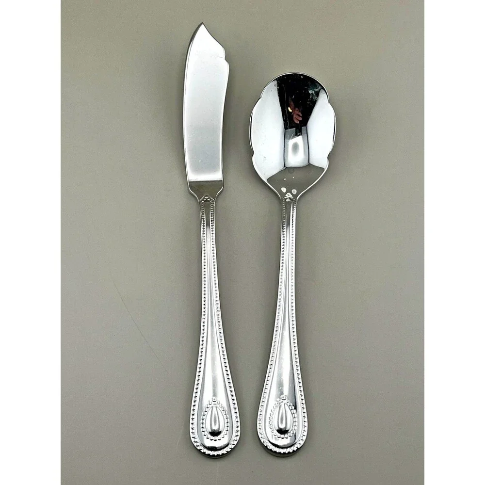 LENOX French Perle 2pc Set Sugar Spoon Butter Spreader 18/10 Stainless Flatware